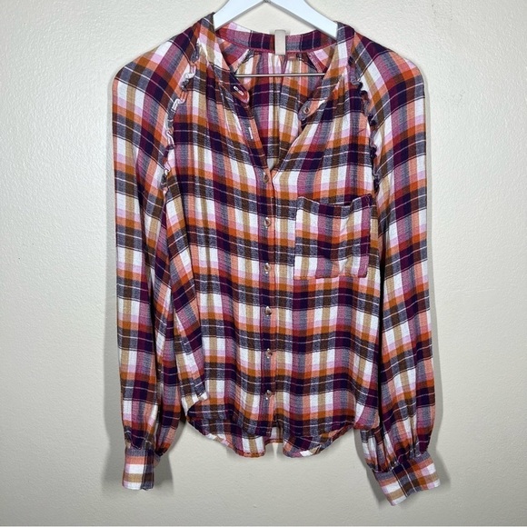 Anthropologie Pilcro Womens lot of 2 Plaid Flannel Ruffle Blouse Button Up Small - Picture 6 of 15